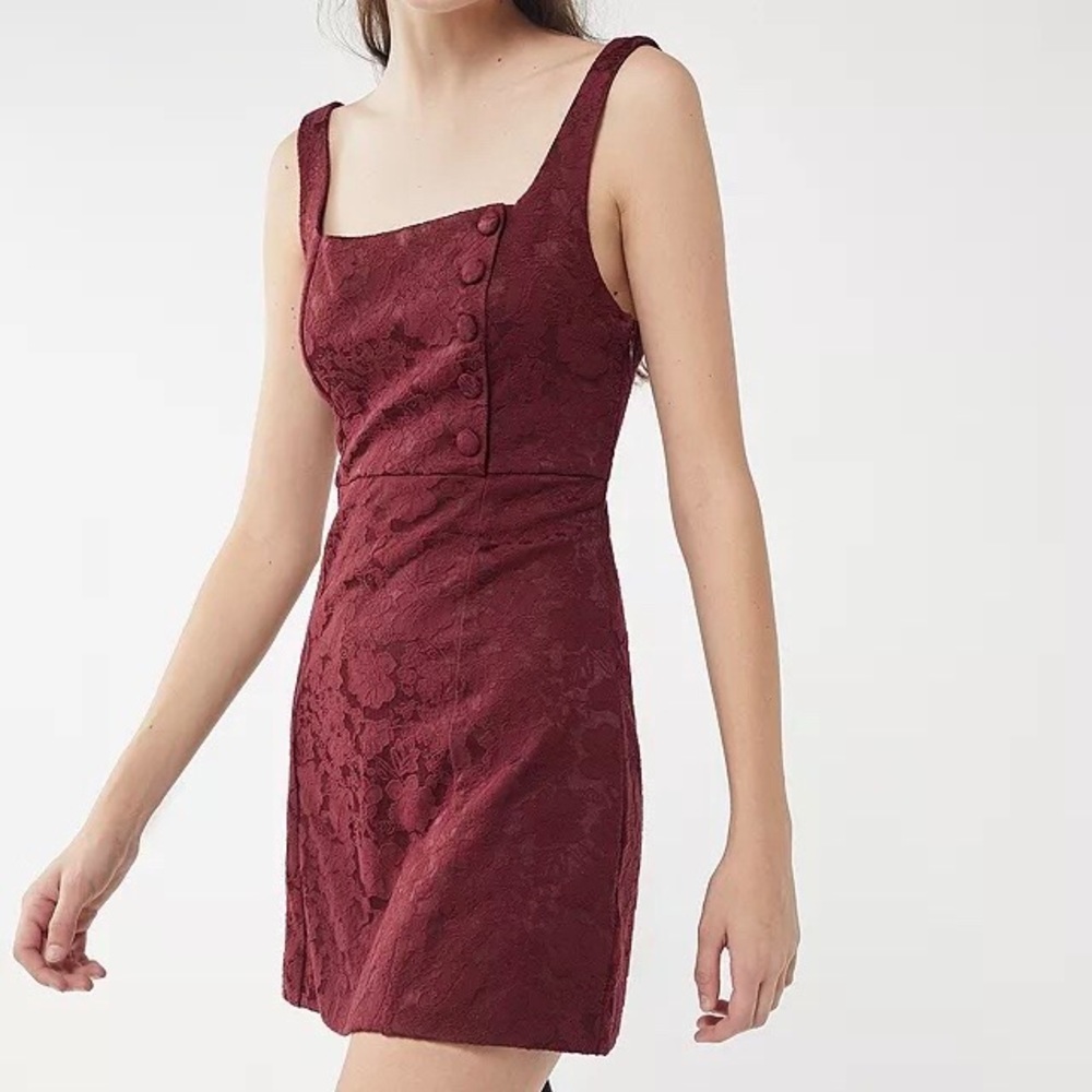 UO Urban Outfitters Hallie Embroidered Square Neck Mini Dress Burgundy Wine 0
